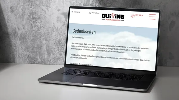 Gedenkportal der Bestattungskultur Buiting auf einem Laptop