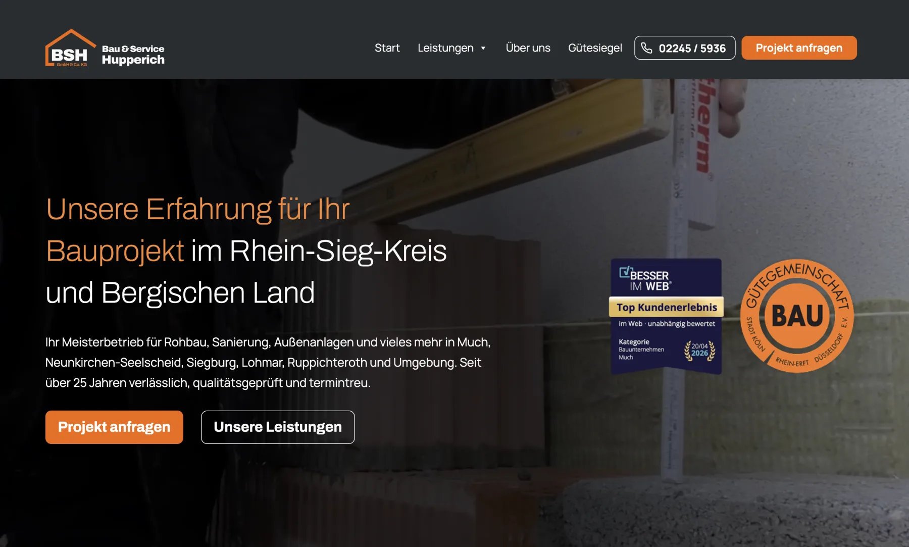 BSH Hupperich — neue Website: Hero mit dem Claim Unsere Erfahrung für Ihr Bauprojekt im Rhein-Sieg-Kreis