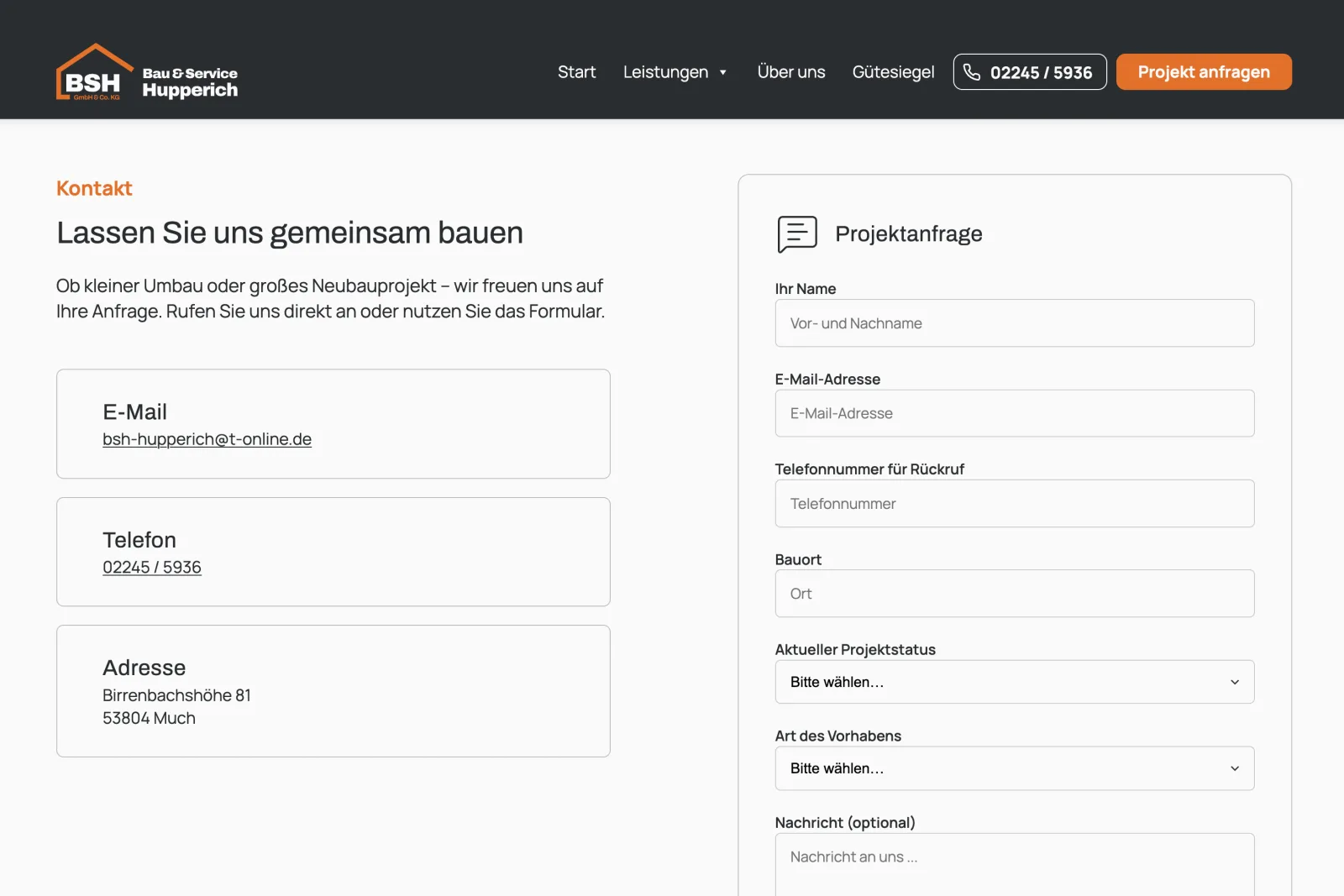 BSH Hupperich Kontakt — strukturiertes Projektanfrage-Formular