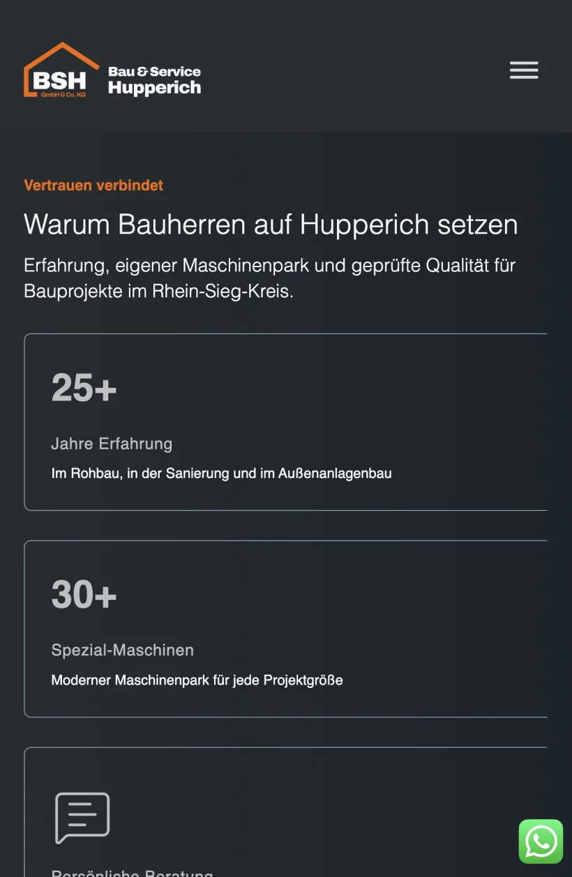 BSH Hupperich Mobile — Vertrauenssektion mit Kennzahlen