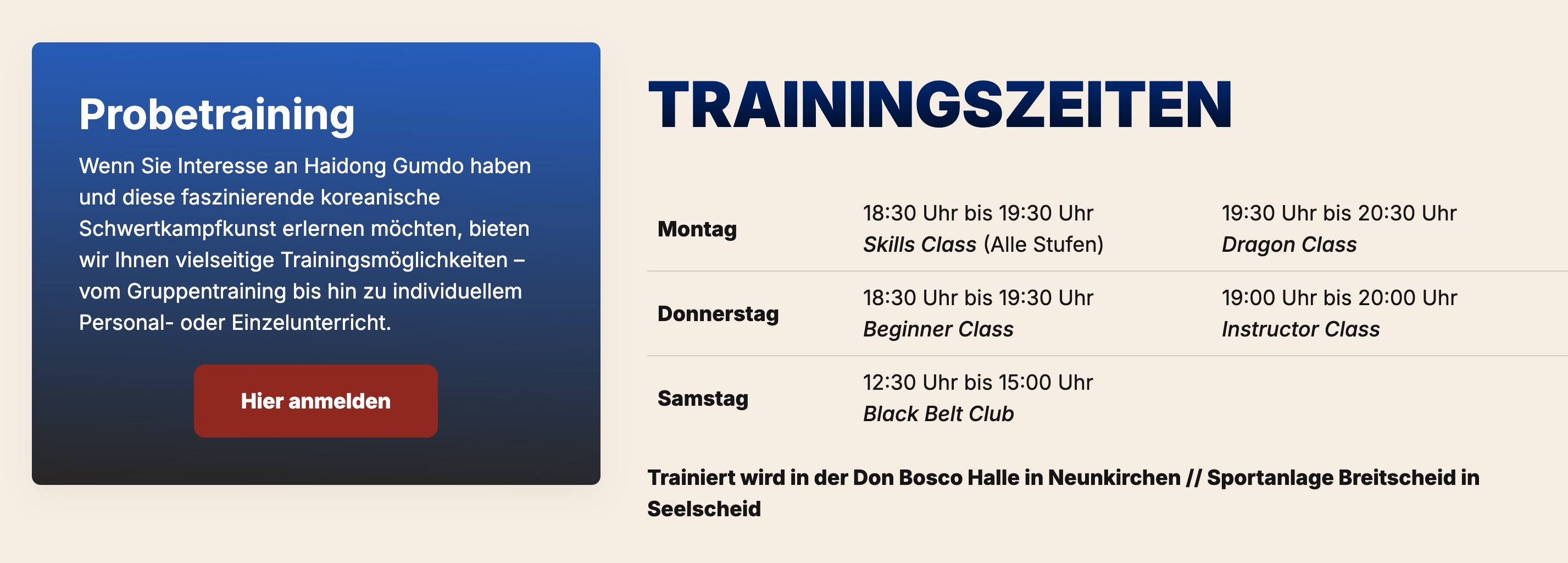 gumdo-yong.de — Probetraining-Sektion und Trainingszeiten übersichtlich dargestellt