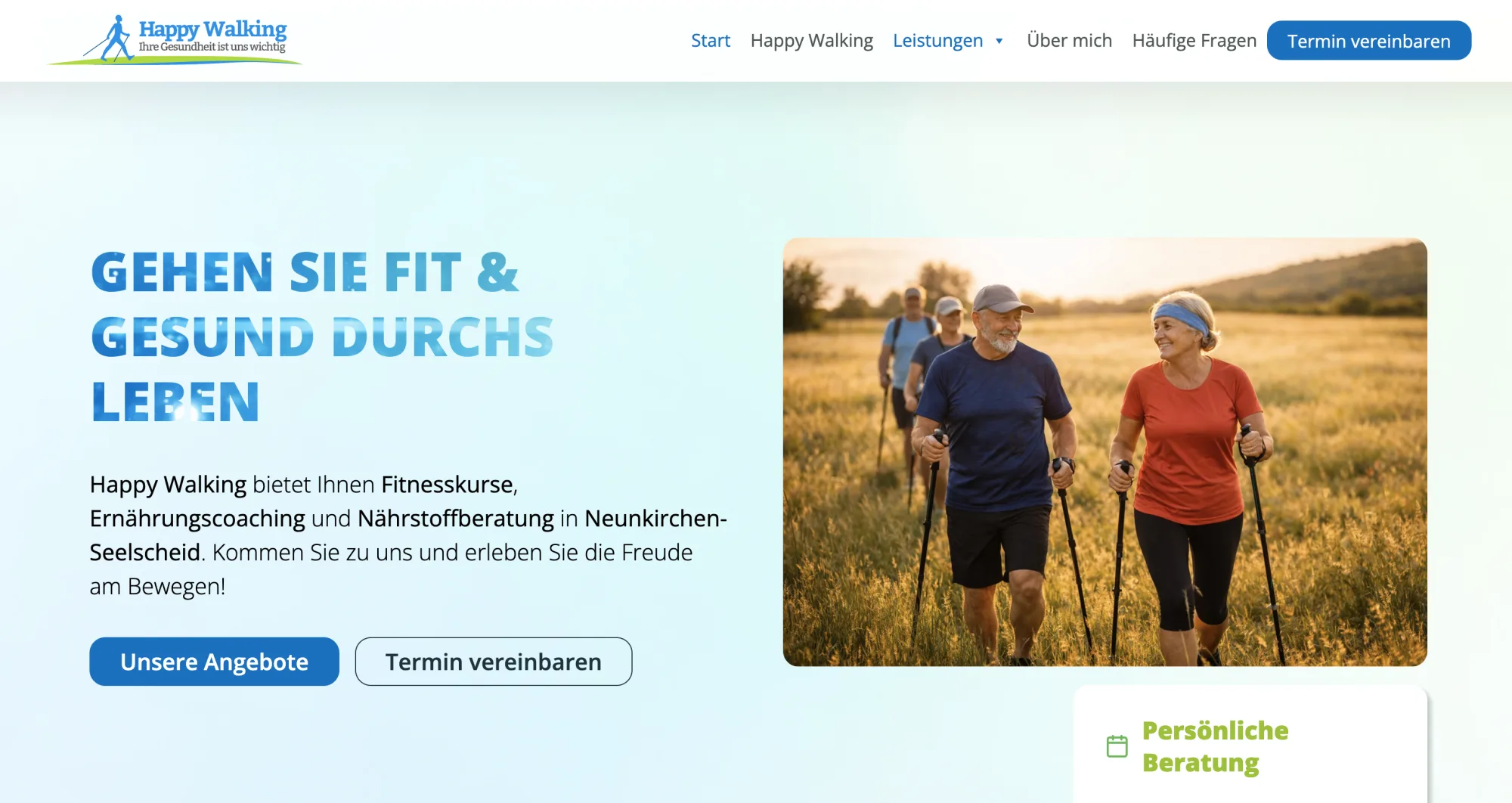 Happy Walking — neue Website: Hero mit dem Claim Gehen Sie fit und gesund durchs Leben und Nordic-Walking-Bild