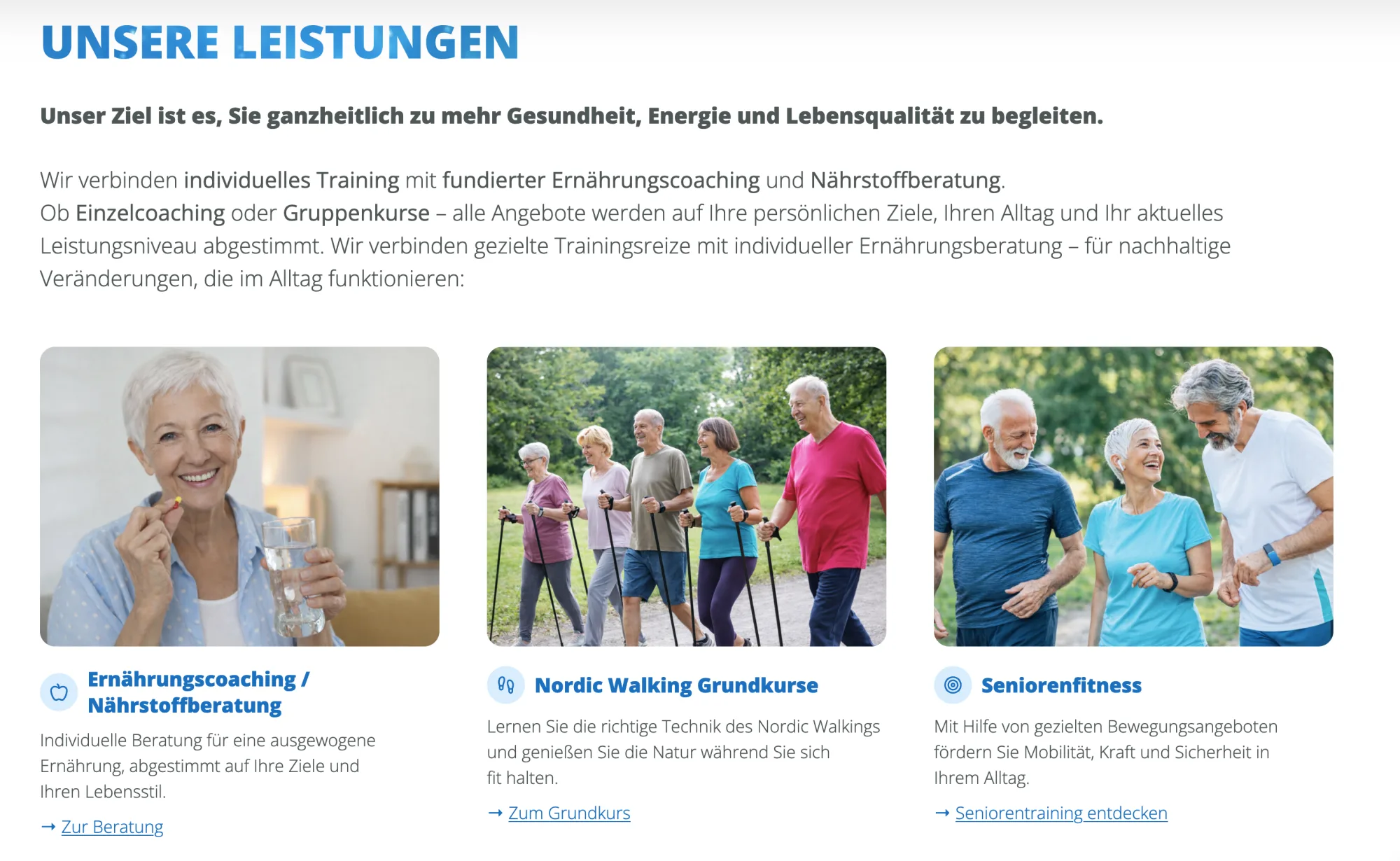 Happy Walking Leistungsübersicht — Ernährungscoaching, Nordic Walking und Seniorenfitness