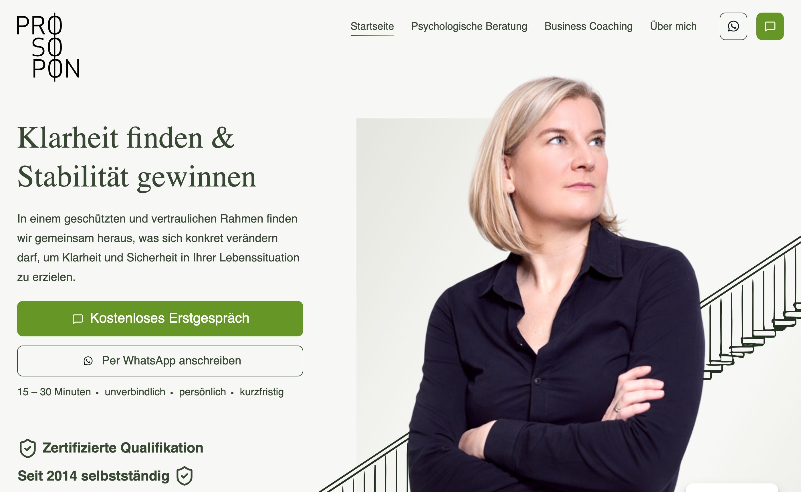 prosopon.de Hero-Bereich: Klarheit finden & Stabilität gewinnen — mit Erstgespräch-CTA und WhatsApp-Button