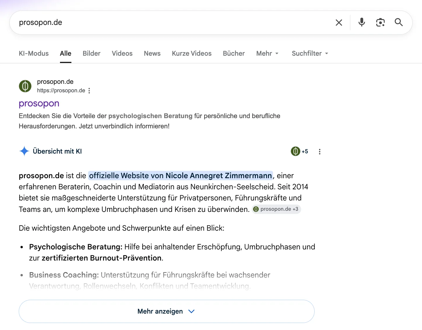 prosopon.de erscheint nach einem Monat in Google KI-Übersicht