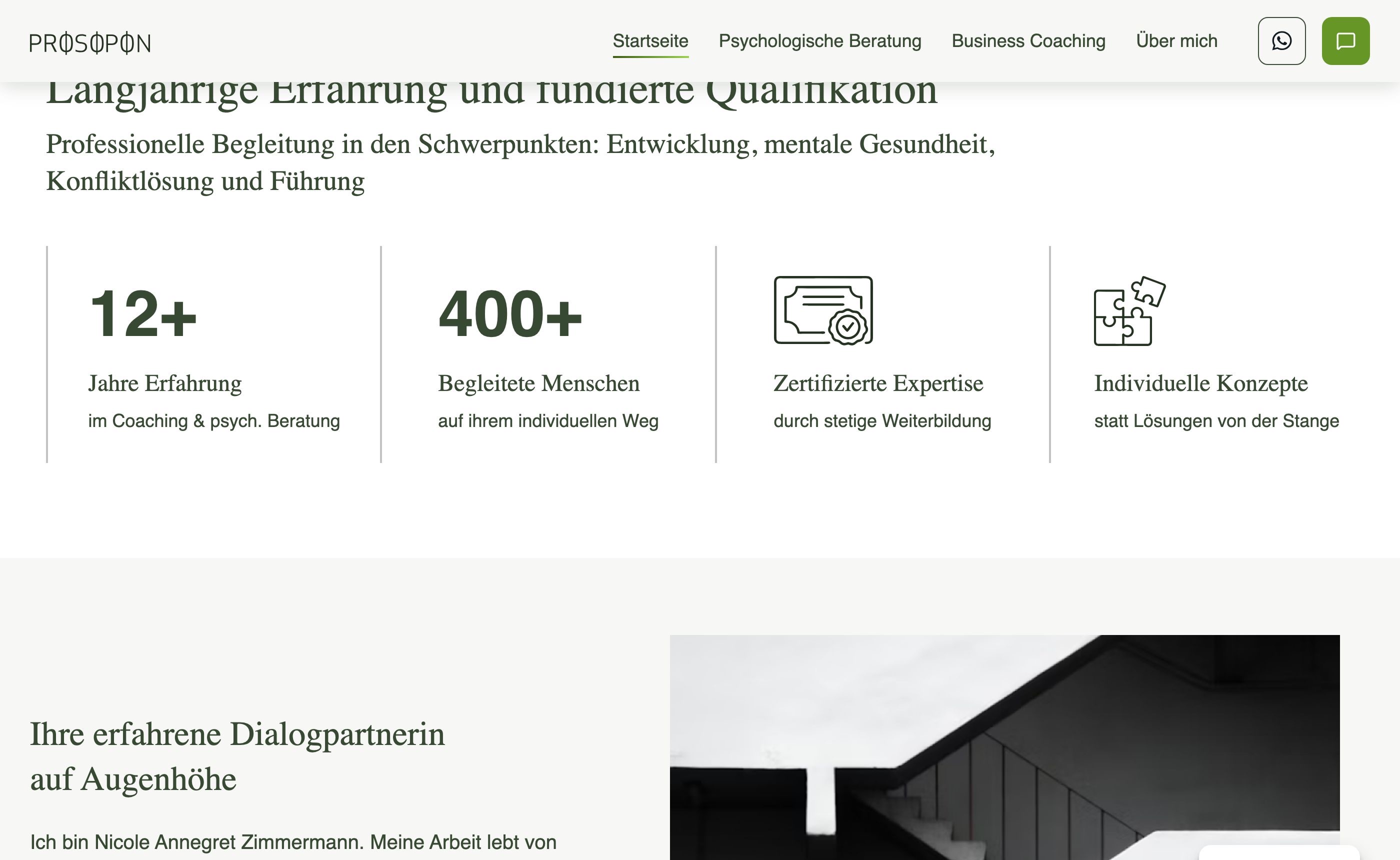 prosopon.de: 12+ Jahre Erfahrung, 400+ begleitete Menschen — Social Proof klar auf der Startseite platziert