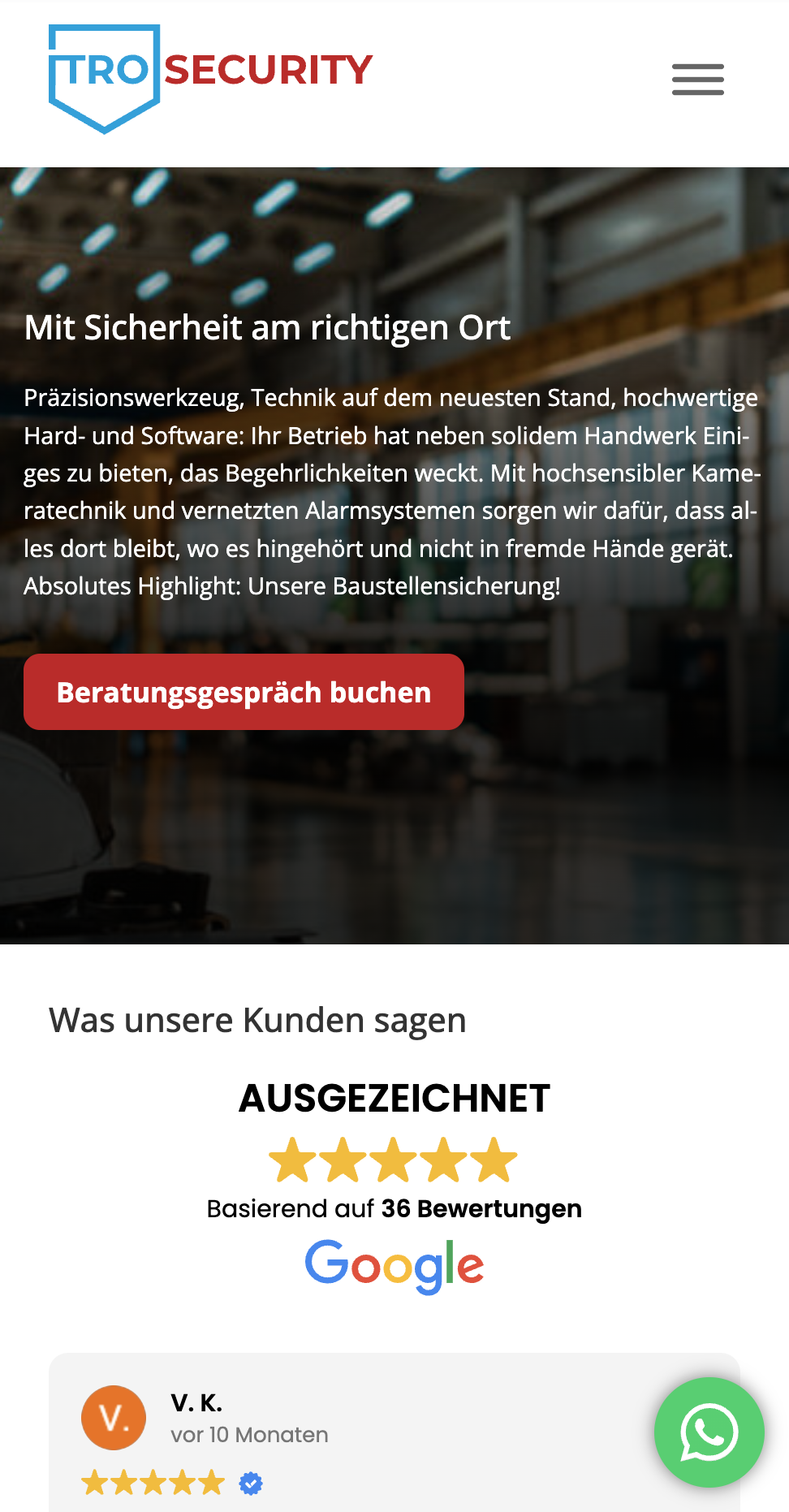 trosecurity.de Mobile — Ausgezeichnet: 5 Sterne und 36 Google-Bewertungen. Mit Sicherheit am richtigen Ort.