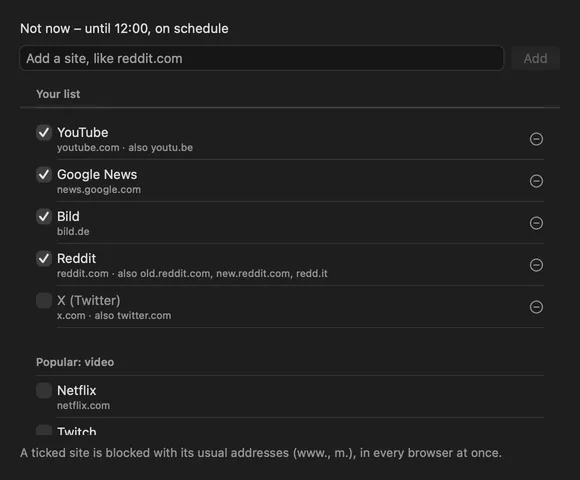 Not Now settings, Sites: under Your list YouTube, Google News, Bild and Reddit are ticked, X is not. Below it the popular sites start, Netflix and Twitch, to tick.