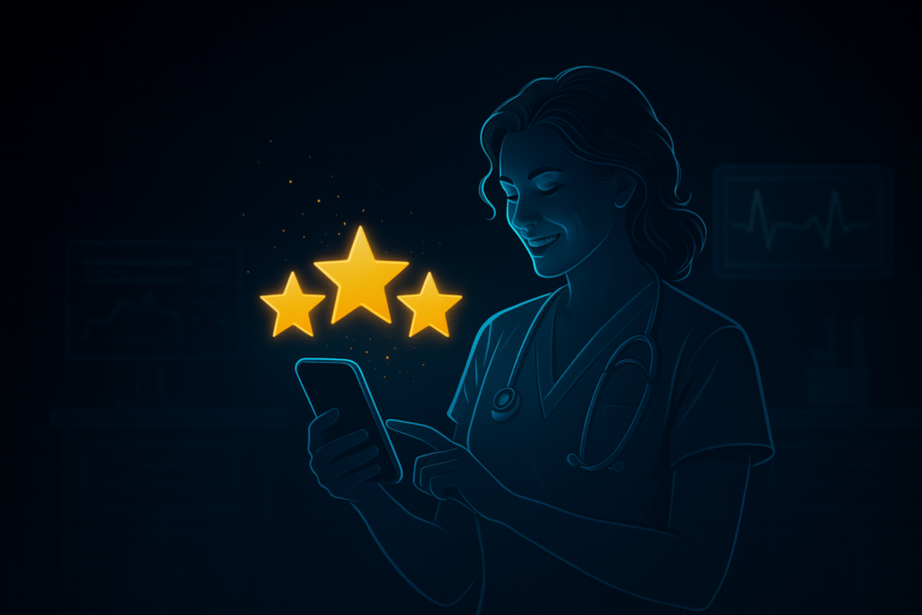 Illustration einer Ärztin mit Smartphone und 5-Sterne-Bewertung